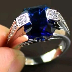 Deep Blue Sapphire 925 Sterling silver Mens Ring